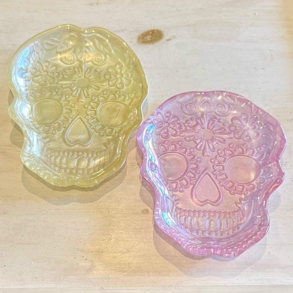 Two Sugar Skull Iridescent Glass Plates Pink Yellow